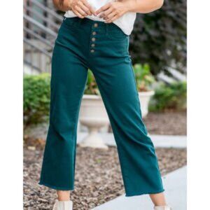 Judy Blue Green Wide Leg Crop Fray Hem Button Fly Jeans Size 27